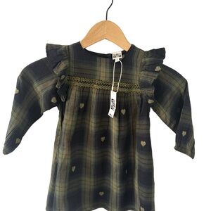 BON TON Paris “Delia” Smocked Plaid Dress | Green Black Heart Print | NWT